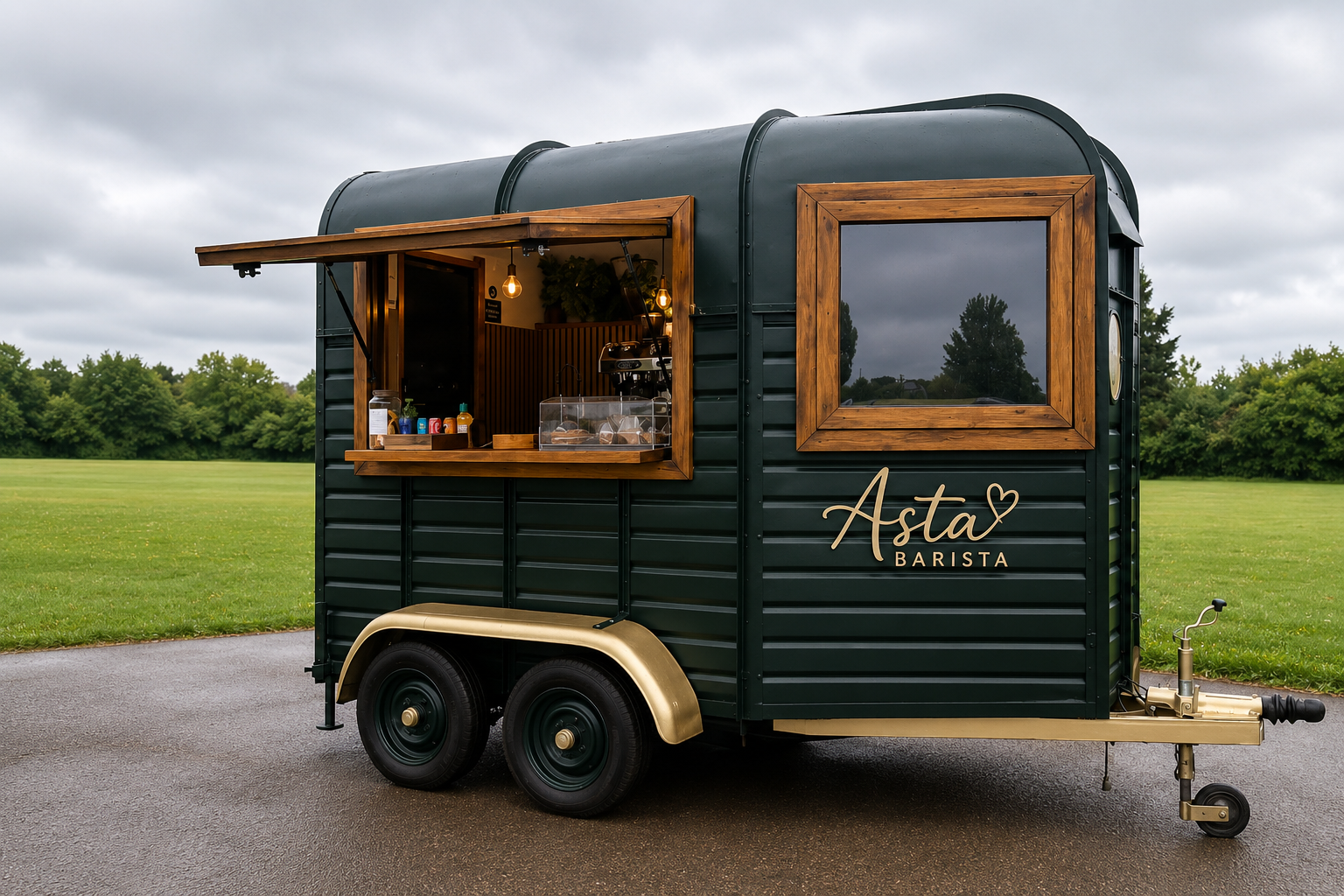 Asta Barista mobile coffee trailer with open serving hatch
